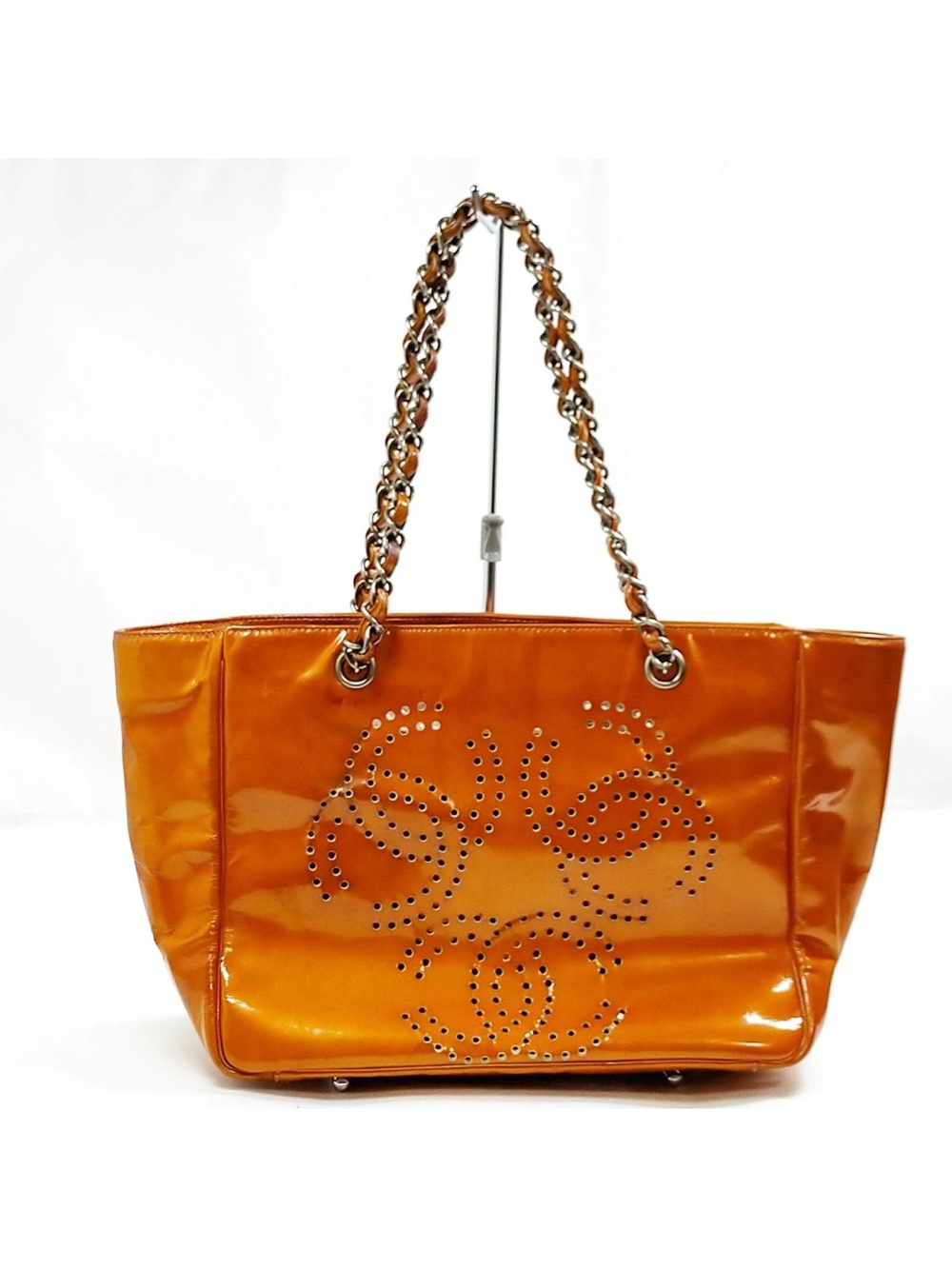 Chanel Orange Patent Leather Chain-Handle Tote Bag with pouch